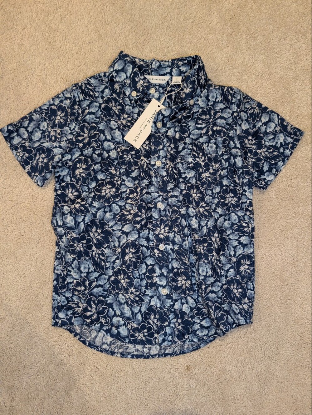 Janie and Jack Blue & White Floral Button-Down Linen Shirt, Size 6